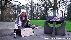 Homeless Girl Begging for Old Cock