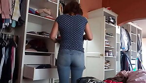 58-year-old Latin step mother exhibits herself in front of her friend's son to see her huge cock jerking off, cum on ass